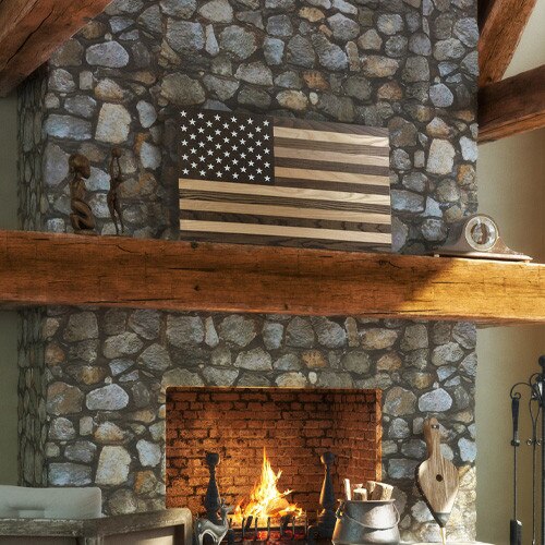stone fireplace with wood flag