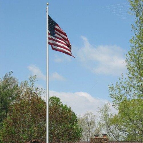 American flag waving in blue sky