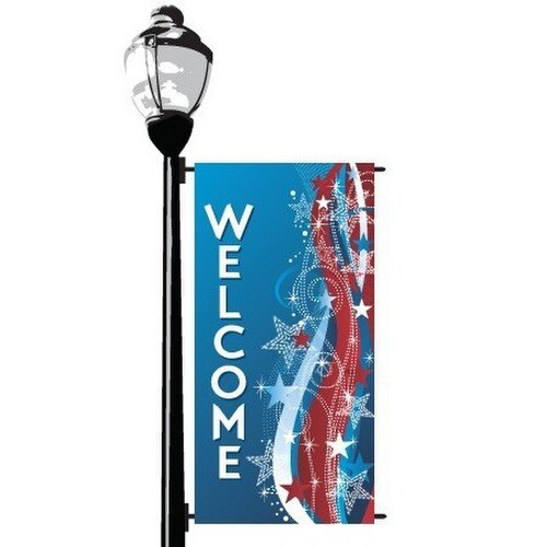 welcome banner with lamp post